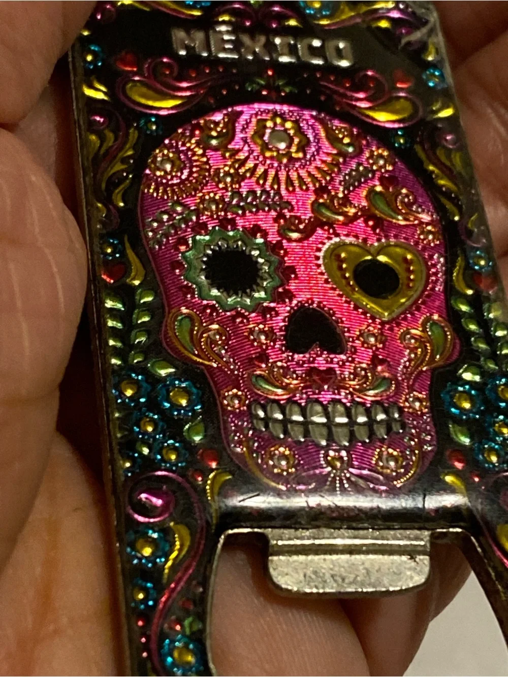Mexico Sugar Skull Bottle Opener Keychain - Pink & Gold